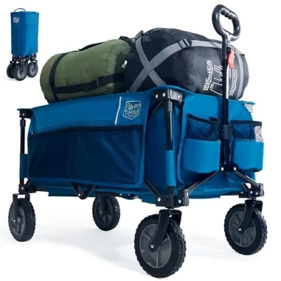 Image of TIMBER RIDGE Festival Trolley on Wheels, 200L Folding Camping Wagon with Adjustable Handle &amp; Cup Holder, Collapsible Beach Cart Foldable for Outdoor Garden Picnic Shopping 100KG Capacity