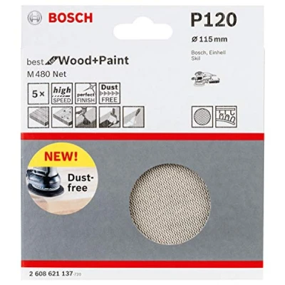 Image of Bosch Professional Set of 5 Sanding Sheets M480 Best for Wood and Paint (Wood Paint, Ø 115 mm, grit G120, Accessories Random Orbit Sander)