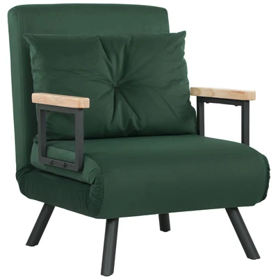 Image of HOMCOM Single Chair Bed, Click Clack Convertible Bed Settee, Modern Velvet Feel Fabric Couch with 1 Tufted Cushion, Wood Armrests, for Living Room, Bedroom, Guest Green