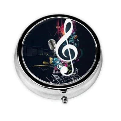Image of Music Notes Print Round Pill Box,Portable Mini Metal Pill,Pill Box 3 Compartment Medicine Case