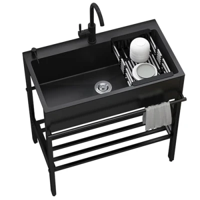 Image of Free Standing Black Utility Sink,Stainless Steel Outdoor Kitchen Sink Station,Hand Washing Commercial with Faucet,Laundry Sinks Set Bracket and Drain,for Shop Kitchenette Garage Garden (Siz