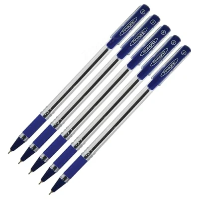 Image of CELL BALLPOINT Pens, BLUE, 0.5mm Fine Point, Pack of 5, FineGripX Ball Smooth Writing, Rubber Grip, FINEBLU05, Value Pack, ZOFAX Black Pen