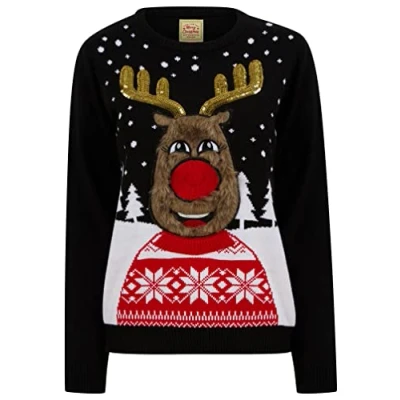 Image of Tokyo Laundry Women&#039;s Happy Vixen Motif LED Light Up Novelty Christmas Jumper Jet Black 14/L