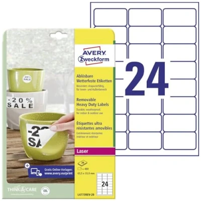 Image of Avery Zweckform L4773REV 20 Weatherproof Labels/Re Usable / 33.9 x 63.5 mm Sheets 480 Labels White