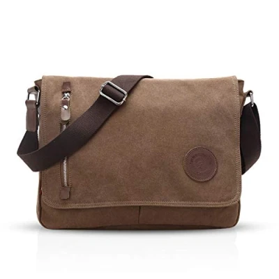 Image of FANDARE Vintage Messenger Bag Satchel College Schoolbag Bookbag Travel Shoulder Commute Work 14 inch Laptop Briefcase Multipurpose Men/Women Canvas Brown