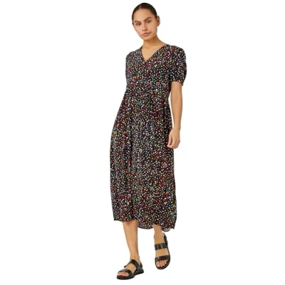 Image of Roman Originals Women Button Through Dress Ladies Summer Beach Ditsy Spot Midi Maxi Spring Everyday Evening Work Holiday Vacation Short Sleeve Smart Casual Black Size 8