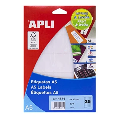 Image of APLI 1871 White A5 Labels 25 x 40 mm 15 Sheets