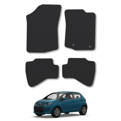 Image of Rubber Car Mats Compatible with Citroen C1 (2014 ) [Round Clip] Tailored Fit Floor Set Accessory Black Custom 4 Pieces Clips Anti Slip Backing, Heavy Duty &amp; Waterproof