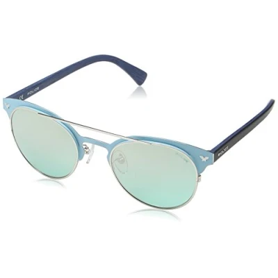 Image of Police S8950 Momentum 2 Round Sunglasses, SEMI MATT TURQUOISE &amp; DARK BLUE FRAME / AQUA MIRROR LENS