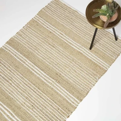 Image of HOMESCAPES Handwoven Natural &amp; Cream Striped Rug 90 x 150 cm Cotton Jute Living Room Area ‘Arlyn’ with Traditional Stripe Pattern