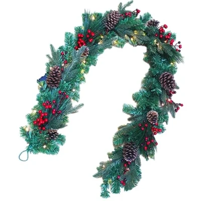 Image of Prelit Battery Operated Christmas Garland 2M Decorated with Red Berries, Pine Cones, Mixes Tips Fireplace Door Room Wall Home Hanging Xmas Decorations