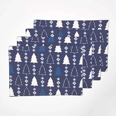 Image of HOMESCAPES Set of 4 Blue Christmas Placemats 100% Cotton “Blue Winterland Patterned Tree Xmas Dinner Mats