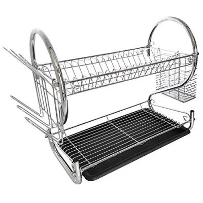 Image of Tatkraft Helga 2 Tier Dish Drainer Rustproof Chromed Steel Cutlery and Mug Holder Removable Drip Tray Size 39x56x25 cm