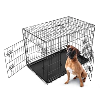 Image of FoxHunter 42&quot; 42 Inch Pet Dog Puppy Cat Training Cage Crate Carrier Metal Folding With TWO Doors and Tray Xlarge Black New FH PT05