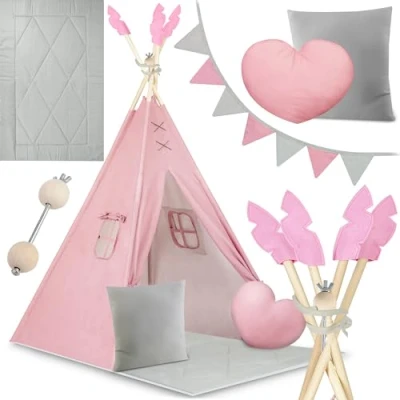 Image of Nukido, Teepee tent pink with garland, cushions, large mat, stabilizer