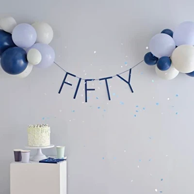Image of Ginger Ray 50th Navy Blue Birthday Party Eco Banner Fifty Bunting Hanging Decoration with Included Balloons
