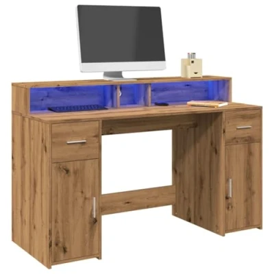 Image of vidaXL Desk with LED Lights Modern Artisian Oak Writing Table for Office/Gaming 140x55x91 cm Engineered Wood, Ample Storage