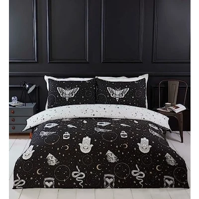 Image of Rapport Home Gothic Magic Microfibre Single Duvet Cover Set, Dark Themed Halloween Bedding Reversible Constellation Black