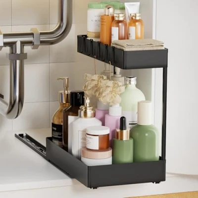 Image of Creahaus Under Sink Storage Sliding Kitchen Organiser with Drawer 2 Tier Multi Purpose Shelf Organisation 4 Hooks for Bathroom