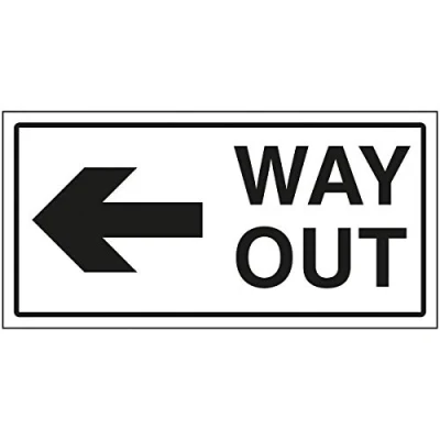 Image of V Safety Way Out Arrow Left Sign 300x150mm Self Adhesive Aluminium Effect