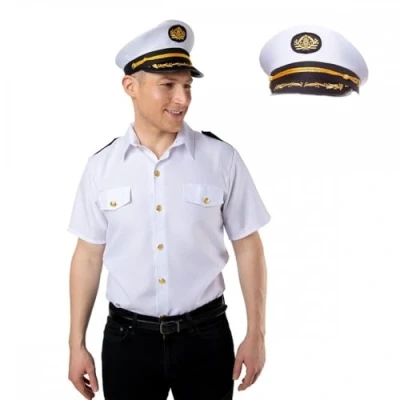 Image of Captain White Shirt + Classic Hat : Adult Men Sea Sailor Maritime Naval Fancy Dress Costume Accessories (Medium)