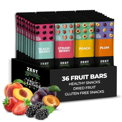 Image of Fruit Snacks by Zest Delites, Dried Fruit, Leather, Healthy for Adults, Bars, Vegan Snacks, Lavashak, Sweets, Blackberry, Strawberry, Peach, Plum, 25g x 36
