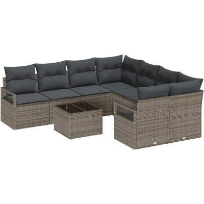 Image of Vidaxl 9 Piece Garden Sofa Set with Cushions Grey Poly Rattan