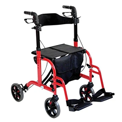 Image of Aidapt Duo Deluxe Red Folding Light Weight 4 Wheeled Rollator Transit Chair Mobility Aid with Seat, Foot Plates, Carry Bag, Lockable Brakes and Puncture Proof Tyres for Indoor Outdoor use.