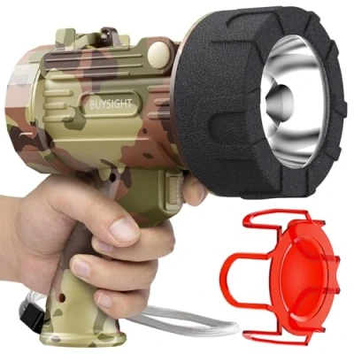 Image of BUYSIGHT Rechargeable Spotlight Flashlight,1000,000 lumens Hand held Waterproof Flashlight Hunting Lamp with red Filter (Camouflage Grey)