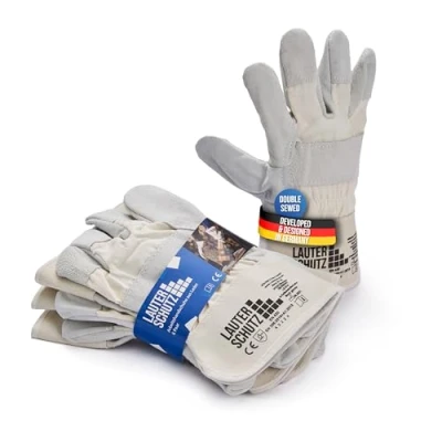 Image of LAUTER SCHUTZ LauterSchutz® Robust cowhide leather work gloves, double stitched and with cotton inserts on the back of hand, for forestry, gardening construction site (6 pairs)