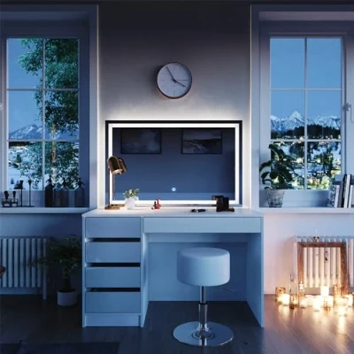 Image of Vicco Vanity table Sherry, White High Gloss, 120 cm with LED mirror and stool