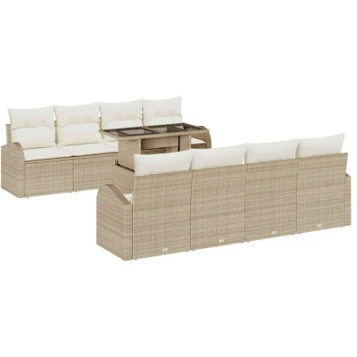 Image of vidaXL 9 Piece Garden Sofa Set with Cushions Beige Poly Rattan