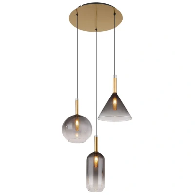 Image of Elisabeth Cluster Pendant Ceiling Light Brass Coloured Smoke Glass Shade 3x G9