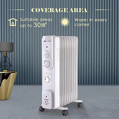 Image of NRG Oil Filled Radiator Portable 9 Fin Electric Heater with Timer &amp; Safety Tip Over Switch Adjustable Thermostat (White 2KW)
