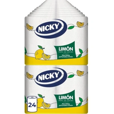 Image of Nicky Lemon Kitchen Paper Pack of 24 Rolls, 100 Sheets 2 Layers per Roll, Extra Absorbent Paper, Perfumed, Recyclable Packaging, 100% Pure Cellulose, FSC Certified