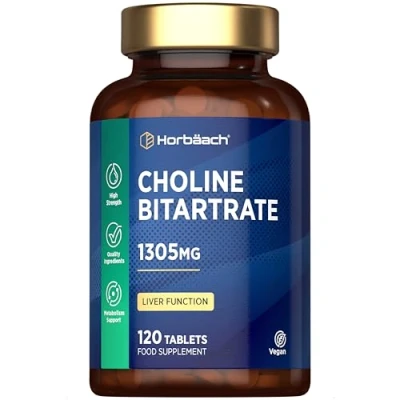 Image of Choline Bitartrate Tablets 1305mg 120 Count High Strength Supplement Suitable for Vegans by Horbaach