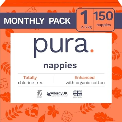 Image of Pura Eco Baby Nappies Size 1 (2 5kg / 4 11lbs), 6 x 25 (150 Total), Monthly Pack, Newborn for Sensitive Skin, Organic Cotton, Wetness Indicator, Umbilical Cord Cutout, New Guide