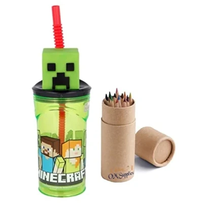 Image of Minecraft 3D Figurine Cartoon Characters Reusable Tumbler Childrens Drinking Cup Straw 23 x 7.5 7.5cm Includes Half Size 12pcs Pencil Set (Minecraft)