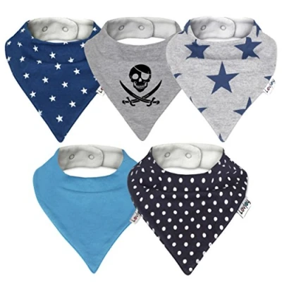 Image of Lovjoy Bandana Dribble Bibs Super Absorbent &amp; Soft for Teething Babies Adjustable Snaps Fits Newborn to 3 years 5 Pack (Simply Blue)