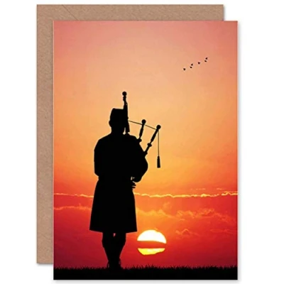 Image of Wee Blue Coo Personalised Scottish Bagpipe Piper Sunset Silhouette Scots Greeting Card Arty Art All Occasion Birthday