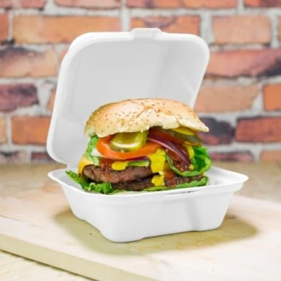 Image of HOT BARGAINS 100 X 6 Bagasse Burger Box Clamshell Takeaway Clean white Size (152x152x78mm/6) For Burgers Manufacturer Sealed Packaging (Hygiene Proof)