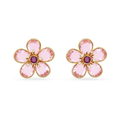 Image of Swarovski Florere stud earrings, Flower, Pink, Gold tone plated