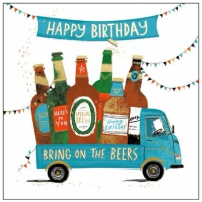 Image of Woodmansterne Artistic Open Male Happy Birthday Greeting Card Eco Friendly From The Rocking And Rolling Range Bring On Beers Sophisticated Gold Foil Finish
