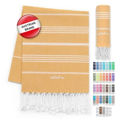 Image of LeStoff Turkish Hammam Towel Quick Drying &amp; Lightweight Peshtemal for Beach, Sauna, Bath, Travel, Yoga Camping Sand Proof Blanket 100% Organic Cotton Eco Friendly (95 x 180 cm, Yellow)