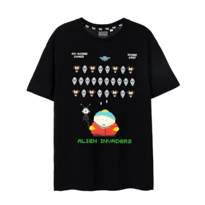 Image of South Park Mens T Shirt in Black Cartman 8 Bit Alien Invaders Funny Retro Gaming Graphic Tee Nostalgic Short Sleeved Top for Adults Fun Nerdy Unique Merchandise Gift Idea Him