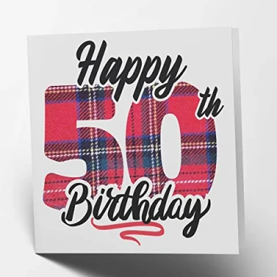 Image of Maturi Happy 50th Birthday Tartan Greetings Card Blank Inside, 15.5 x cm Square