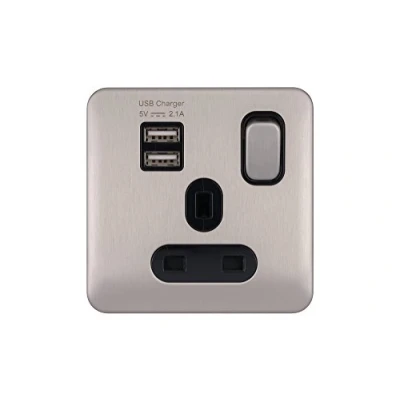 Image of Schneider Electric Lisse Screwless Deco Switched Single Power Socket, 13A, Pole, with 2 USB Charging Ports, 2.1A shared, GGBL30102USBABSSS, Stainless Steel Black Insert