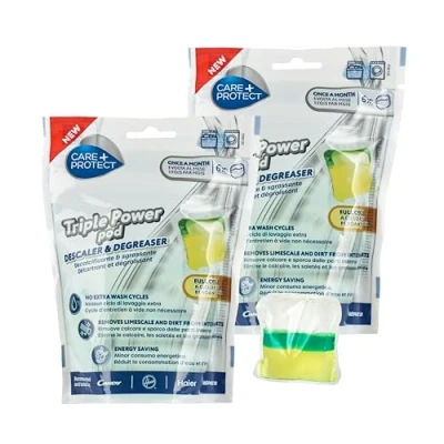 Image of CARE+PROTECT Triple Power Pod Descaler &amp; Degreaser For Washing Machine Dishwasher, Full Cycle Sanitizer, Cleaner, Limescale Remover, Energy Saving Solution, Maxi Pack Of 12 Pods, Months Protection