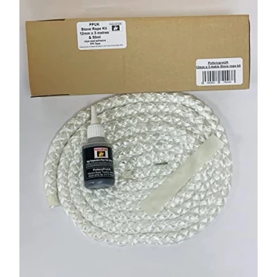 Image of PotteryproUK PPUK Stove Rope 12mm x 3 metres &amp; 50ml Glue Kit for Woodburners Log Burner Pizza Oven. Door Seal kit., White Black