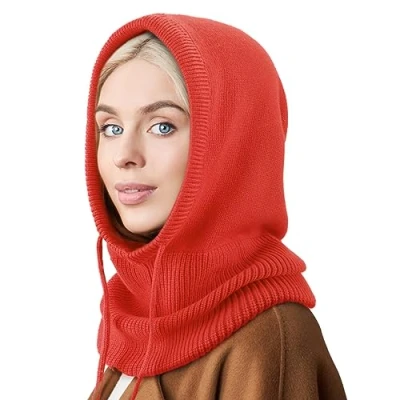 Image of DRESHOW Winter Hats for Women Balaclava Knit Beanie Skull Cap with Drawstring Warm Hooded Scarf Hat